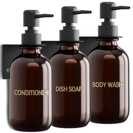 Soap Dispenser, Wall Mounting, No Drilling, Set of 3, 500 ml, Brown Shampoo Dispenser, Shower with Funnel and Three-Dimensional Waterproof Labels for Kitchen, Bathroom