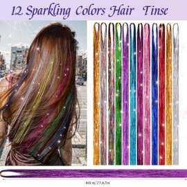 Hair Tinsel, 48 Inch Hair Tinsel with Tool, 12 Colours Glitter Hair Strands for Braiding Hair Tinsel, Sparkle Tinsel Hair Extensions for Women, Girls, Children, Cosplay, Party Accessories