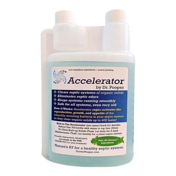 Dr. Pooper Accelerator Septic Tank Treatment - Environment-Friendly Septic System Maintenance Liquid - Eliminates Odors - Clears Organic Solids in Tanks & Drain Fields - Safe for All Septic Systems