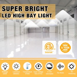 JC-LGL 240W UFO LED High Bay Light, High Bay LED Light 5700K, Dimmable High Bay 6' Cable with US Plug, Hanging Hook, Safe Rope, ETL Listed High Bay Light for Warehouse Factory Barn Shop