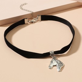 YienDoo Punk Black Velvet Choker Necklace Vintage Silver Horse Head Pendant Necklace Black Suede Rope Chain Choker Gothic Statement Kentucky Derby Necklace Charm Jewelry for Women and Girls
