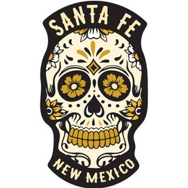 Die Cut Sticker Santa Fe, New Mexico, Sugar Skull and Flower Pattern (Black and Gold), Contour Vinyl Sticker 3 to 6 inches, (Waterproof Decal for Cars, Water Bottles, Laptops, Coolers), Large