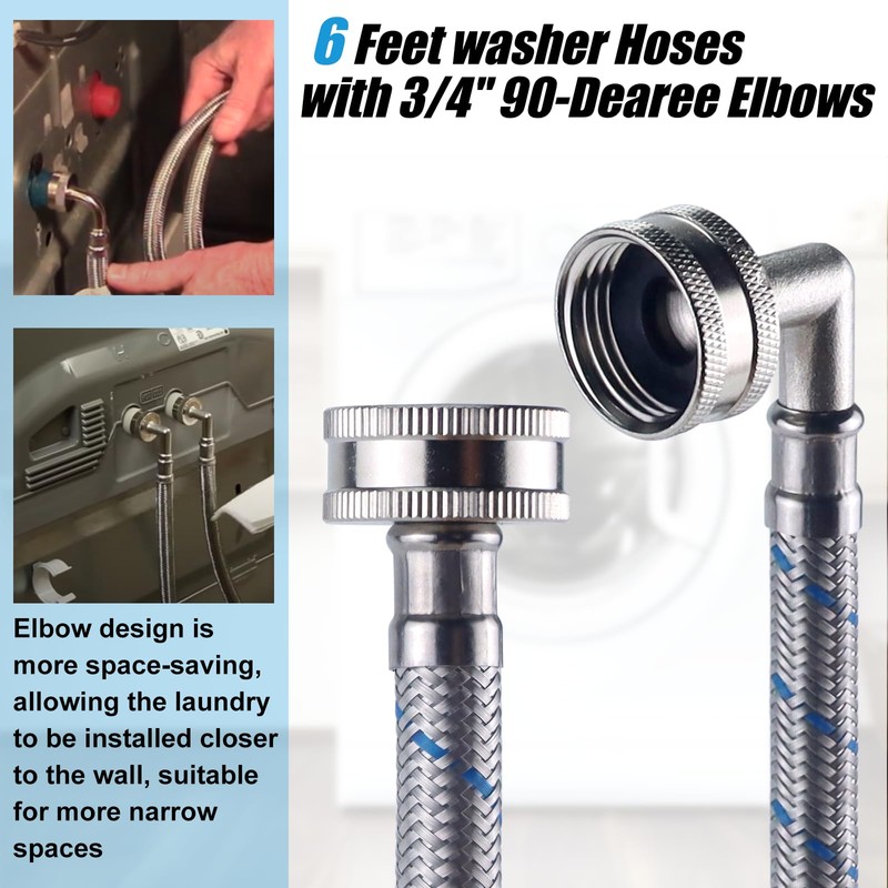 6FT Premium Stainless Steel Washer Hoses with 90 Degree Elbow