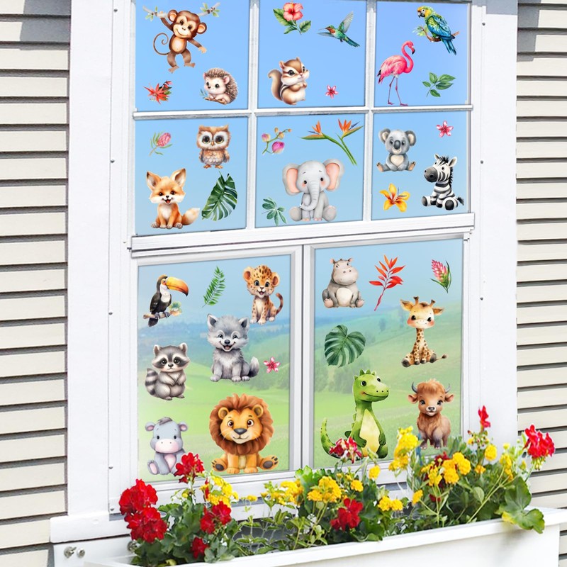 38 Animal Window Stickers, Cute Elephant, Monkey, Bird Window Stickers,