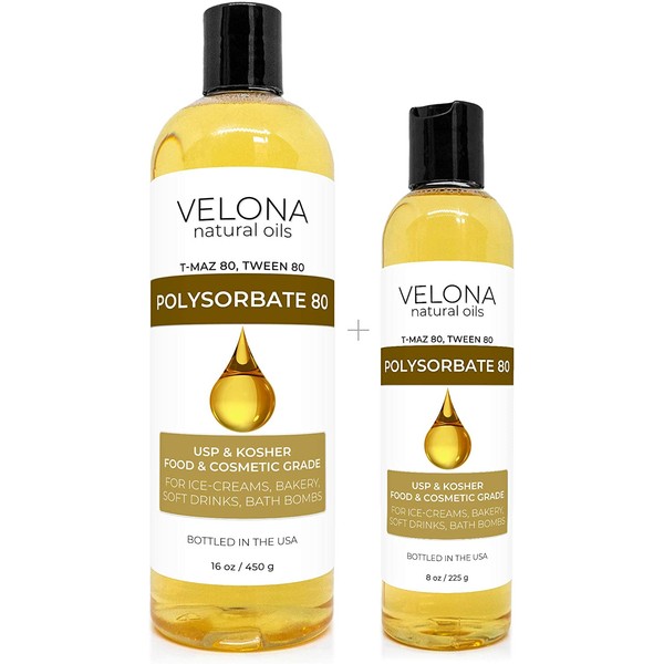 Polysorbate 80 by Velona 24 oz | Solubilizer, Food & Cosmetic Grade | All Natural for Cooking, Skin Care and Bath Bombs, Sprays, Foam Maker | Use Today - Enjoy Results