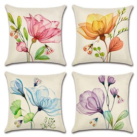 Artscope Waterproof Cushion Covers, Set of 4 Cushion Covers Breathable Cushion Case for Outdoor Balcony Patio Garden Farmhouse Decor 45 x 45 cm (Colourful Flowers and Butterflies, 45 x 45 cm)