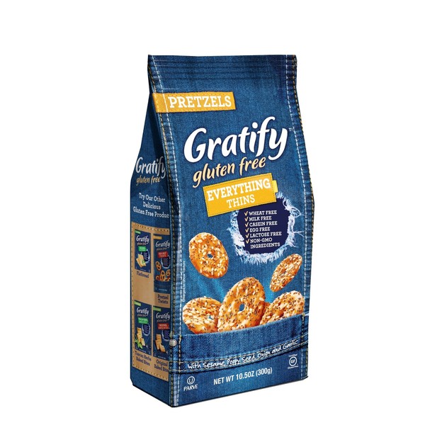 Gratify Gluten Free Pretzel Thins Everything Vegan GF Pretzel Crisps, 10.5oz Bag (Pack of 1)