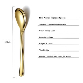 HOMQUEN Gold Espresso Spoon, 5.5 Inch Mini Coffee Spoon, Small Stainless Steel Spoon, Tea Spoon for Desserts, Set of 6, Dishwasher Safe