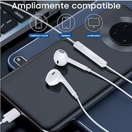 Tech Uino Auriculares USB C de 1.2m con Micrófono, Compatibles con Cualquier Dispositivo con Entrada USB C (Blanco)