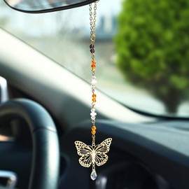 Pyotivol Car Rear View Mirror Accessories Car Hanging Ornament, Butterfly White Jade Rearview Decor Charm Handmade Unique Beaded Crystal Cute Swinging Interior Decor for Women Men