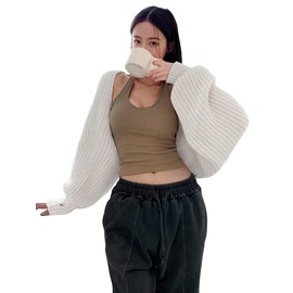 COZYEASE Women's Cropped Cardigan Sweaters Casual Long Lantern Sleeve Open Front Short Bolero Shrugs Chunky Knit Tops Light Grey M