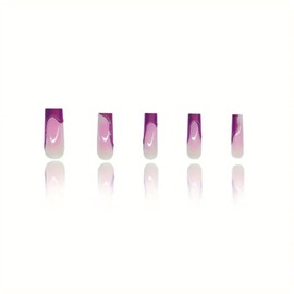 SINHOT Long Press on Nails Square Fake Nails Glossy Glue on Nails 3D Purple Chrome Acrylic Nails Squoval Artificial Nails French Tip Stick on False Nails with Design 24 pcs