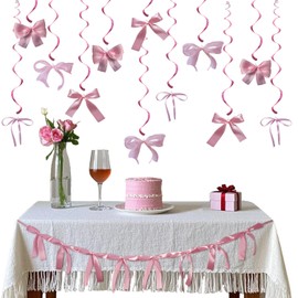 Pink Ribbon Bow Garland Banner for Bachelorette Party Decorations Bow Themed Pink Coquette Birthday Parties with Banner and Hanging Swirls for Baby Showers Wedding Engagement Supplies