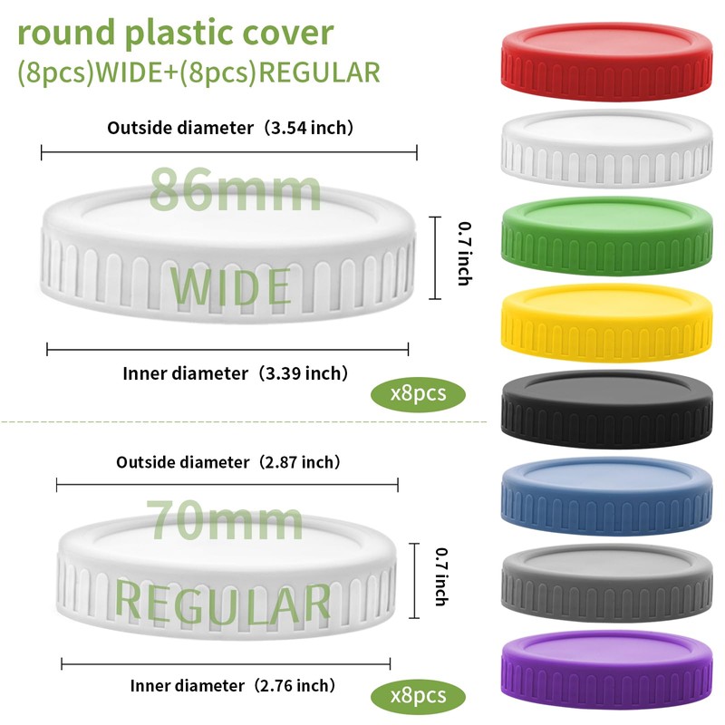 16 Pack 8 color Plastic Mason Jar Lids with Silicone