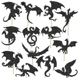 16pcs Dragon Centerpieces Sticks for Table Black Glitter Dragon Baby Shower Decorations for Fantasy Dragon Theme Birthday Party Decorations Supplies