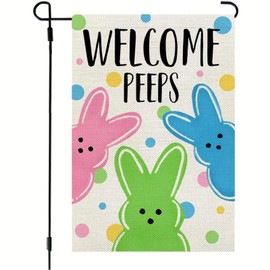 Easter Welcome Peeps Garden Flag, Double Sided, Burlap Holiday Bunny Yard Flag 12 x 18 in