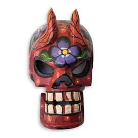 Mayan Arts Skull Devil Mask with movable Jaw, Wooden Hand Carved Skeleton, Day of the Dead, Decorative Painted Flowers