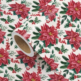 WRAPAHOLIC Poinsettia Christmas Wrapping Paper - Mini Roll - 17 Inch x 16.5 Feet - Classic Holly and Poinsettia Flower Wrapping Paper for Christmas, Holiday, Party Celebration