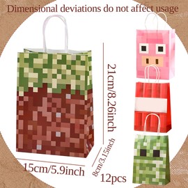 12PCS Pixel Birthday Party Decoration Pixel Party Bags Goodies Candy Treats Bags Decoration Birthday Party Supplies Game Fans Decors