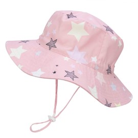 Foruhoo Girls' Sun Hats UV Protection Baby Children Summer Hats Breathable Wide Brim with Drawstring, Pink Stars