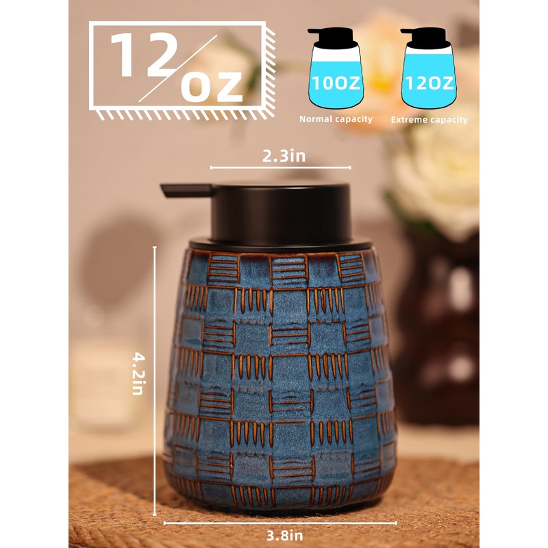 Ceramic Soap Dispenser, Lotion Dispenser with Pump 12oz (Blue Liquid