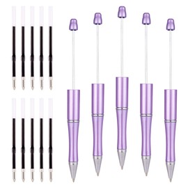 Cheriswelry 5Pcs Plastic Beaded Pens DIY Cool Pen Bulk Black Ink Ballpoint Pen with 10 Refills 148x11.5mm for Students School Graduation Gift Office Supplies