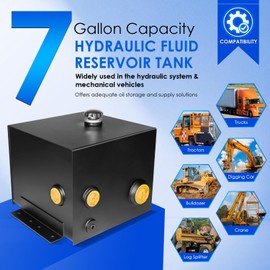 7-Gallon Hydraulic Fluid Reservoir Tank Fuel Heavy Duty Steel Oil Tank for Tractors, Trucks & Log Splitters, with Breather/Strainer Fill Cap, Built-in Sight/Temp Gauge Combo, Horizontal-Mount