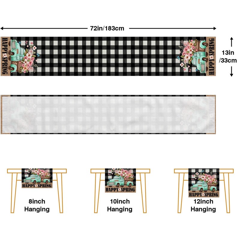 Spring Table Runner, Buffalo Plaid Truck Flowers Happy Easter Table
