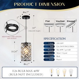 MERINEA Black Crystal Pendant Light Fixture Modern Mini Chandelier Hanging Light for Kitchen Island, Dining Room, Bedroom, Hallway, Living Room, Porch