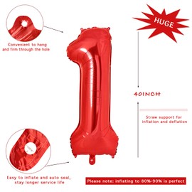 Birthday Number 1 Balloons,40 inch Large Number Balloons for Graduation Wedding Anniversary Celebration Party Decorations (Red)