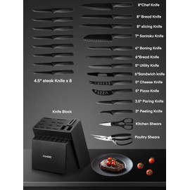 Knife Set FOHERE 23 Pieces Kitchen Knives Set with Block High Carbon Stainless Steel Self-Sharpening Knife Block Set with Built-in Sharpener and Wooden Block with Cheese and Pizza Knife, Black