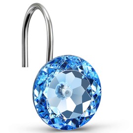 CHICTIE 12pcs Set Clear Big Round Crystal Shower Curtain Hooks Rust Proof Polished Chrome Rings Hanger for Home Decorations (Sapphire Blue)