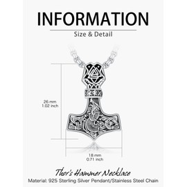 Swordgod Thor's Hammer Necklace for Men Women 925 Sterling Silver Thors Hammer Dragon Pendant Mjolnir Necklace Viking Norse Pagan Amulet Christmas Gift for Him Father Husband Son Brother