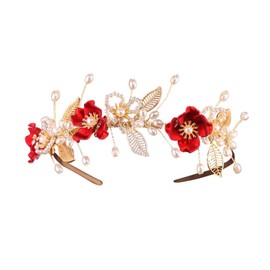 MRKARL Floral Hair Headband, Chinese Style Red Rose Hair Accessories for Traditional Wedding Party