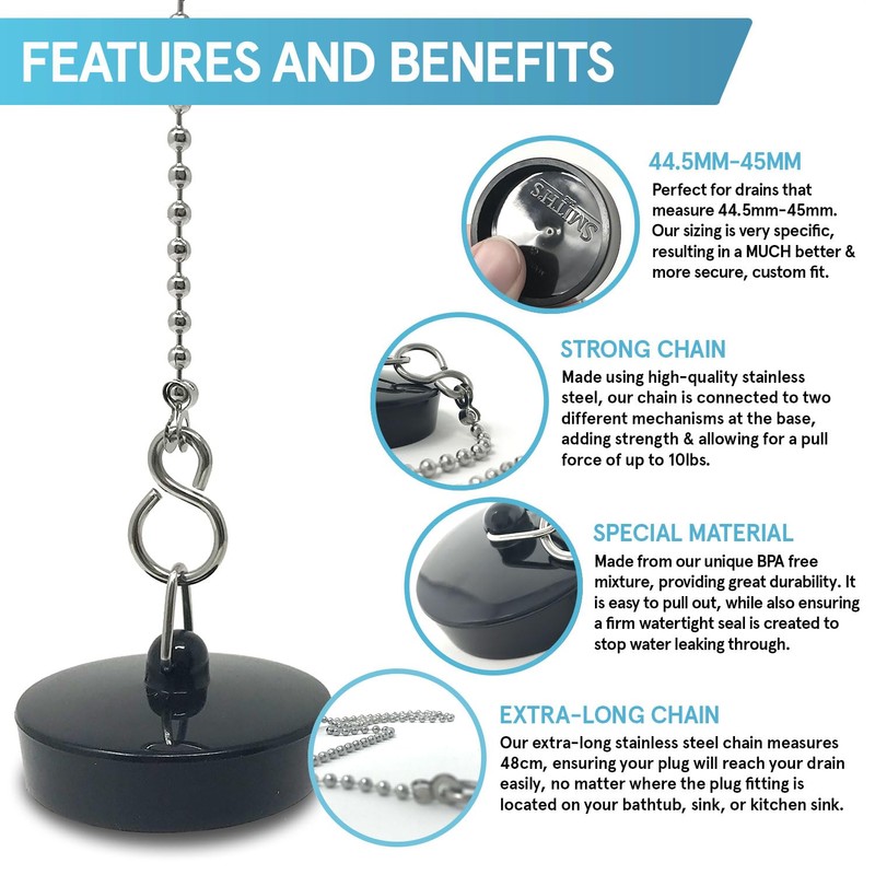 Smith’s® (44.5mm-45mm) Black Plug & Chain - Bathtub, Bathroom, &