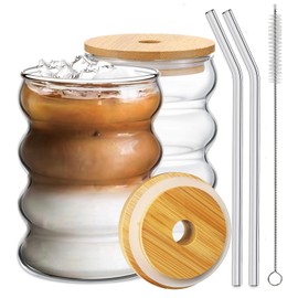 Ework4U 2 Pcs Drinking Glasses with Bamboo Lids and Glass Straw 14oz Glassware Set,Cocktail Glasses,Iced Coffee Glasses,Beer Glasses,Ideal for Water,Soda,Tea,Gift - with Cleaning Brushe