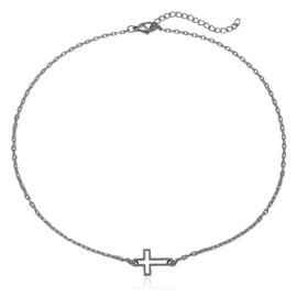 Stainless Steel Sideways Cross Handmade Adjustable Dainty Choker Necklace 14" +2" Extender