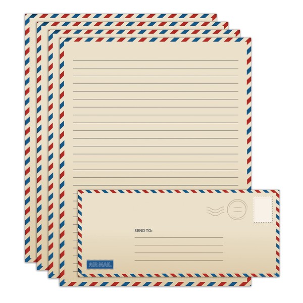 Vintage Airmail Stationery Paper Set, 100-Piece Set (50 Lined Sheets + 50 Matching Envelopes), Letter Size 8.5 x 11 inch, Double Sided & Lined Paper, by Better Office Products