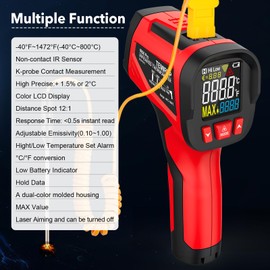 Infrared Thermometer Temperature Gun, -40°F~1472℉, TEMIRUP Digital Laser Temperature Gun with Probe for Cooking, Pizza Ovens, Griddles, Meat, HVAC, IR Temp Gun with Adjustable Emissivity & Max Measure