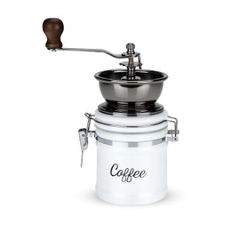 Twine Handheld Vintage Coffee Grinder, Manual Adjustable Design with Wood Handle and White Ceramic Jar, Set of 1