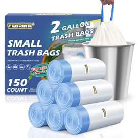 T.FORING 150 Count 2 Gallon Trash Bags Drawstring - 0.96 Mil Small Garbage Bags Unscented,Heavy Duty Trash Can Liners,7.5 Liter Wastebasket Bags for Home Bathroom Office Bulk