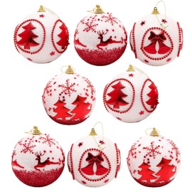 Toyland® Pack of 8-9cm (90mm) Decorated Baubles - Red & White Glitter Design - Christmas Tree Decorations