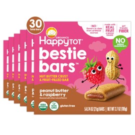 Happy Tot Organics Bestie Bars Nut Butter Crust & Fruit-Filled Snack Bars, Organic Toddler Snacks with Gut-Friendly Fiber, Peanut Butter & Raspberry, 6 Boxes (5 Bars Each)