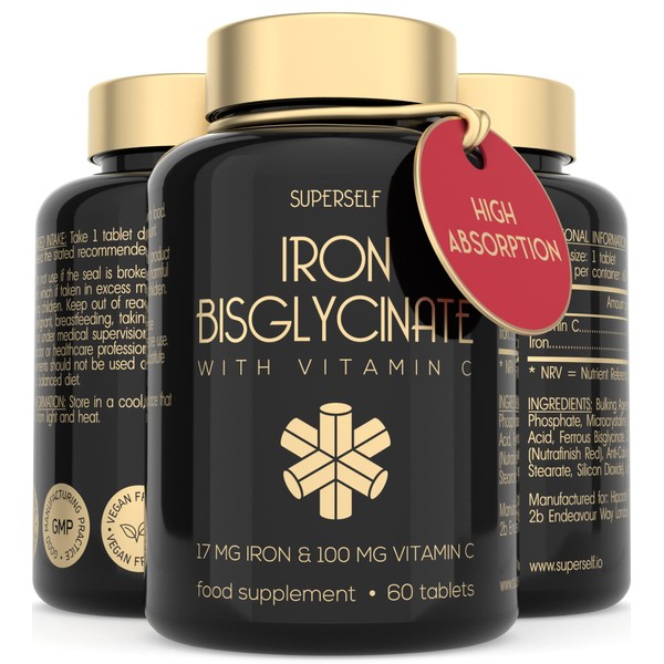 Gentle Iron Tablets 17mg - High Strength Iron Supplements for Women & Men with Vitamin C - Ferrous Iron Bisglycinate for High Absorption - 60 Vegan Tablets - Energy Tablets for Tiredness and Fatigue