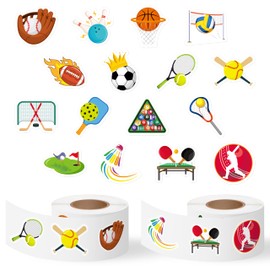 Haooryx 1000pcs Ball Sports Theme Sticker Rolls (2 Rolls), 16 Designs Cartoon Sports Self-Adhesive Sticker Decal, Basketball Football Baseball Sticker for Kids Birthday Sports Theme Party Favor Supply