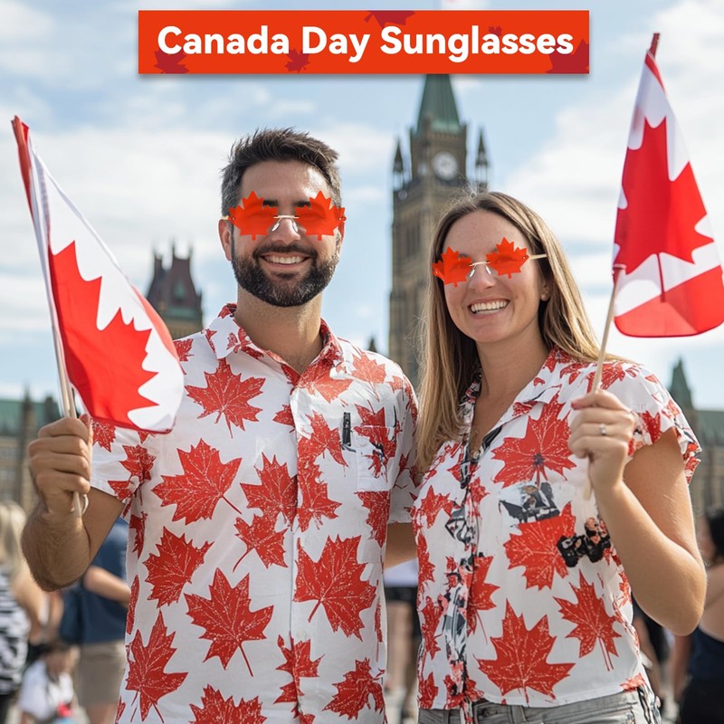 2 Pack Canada Day Maple Leaf Sunglasses, Red Transparent Rimless