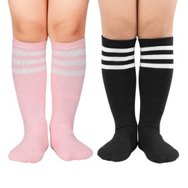American Trends Toddler Soccer Socks 2 Pairs Kids Toddler Athletic Baseball Socks Softball Football Socks for Girls Boys Pink White & Black White XL