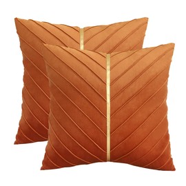Tosleo Velvet Throw Pillow Covers 18x18 Pack of 2,Decorative Couch Luxury Modern Pillow Covers for Living Room Bedroom Sofa Cushion Bed with Gold Leather(Orange,18x18,Set of 2)