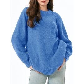 Saodimallsu Womens Oversized Sweater 2025 Fall Trendy Fuzzy Crew Neck Long Sleeve Casual Tunic Sweaters Blue