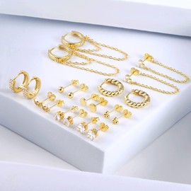 Gold Hoop Earrings Set, 9 Pairs of 14 Carat Real Gold-Plated Hoop Earrings, Gold, Small, for Women, Hypoallergenic Cartilage Huggie Hoop Earrings with AAA+ Zirconia Twist Heart Piercing Earrings Gold